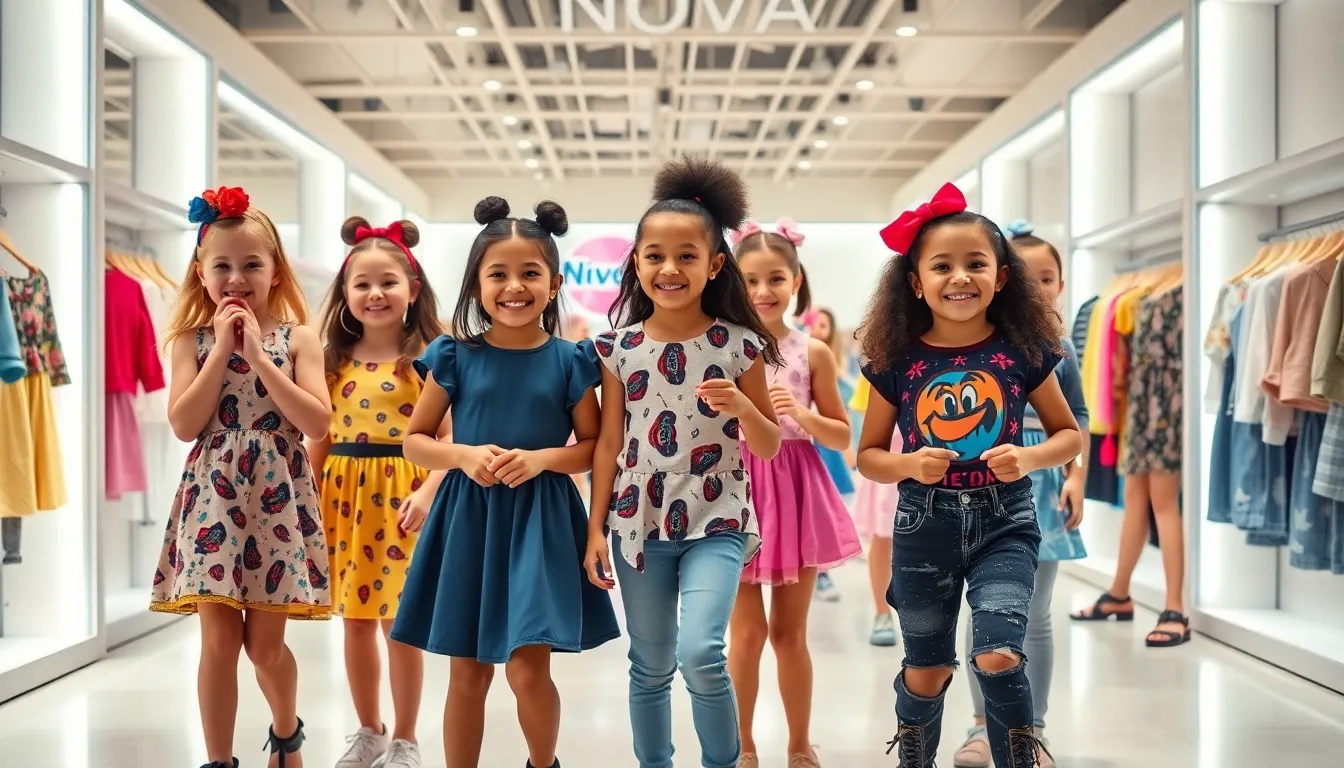 young girls exploring stylish clothes in a modern store.