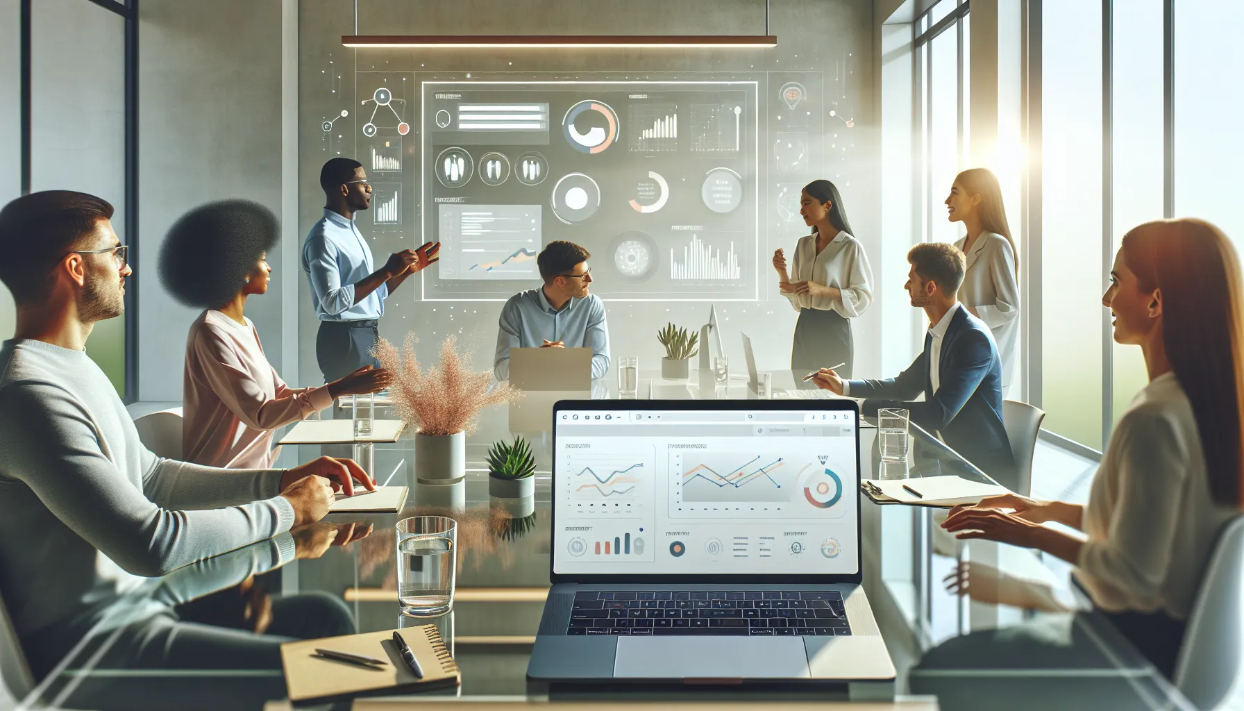 diverse professionals collaborating around a laptop in a modern office.