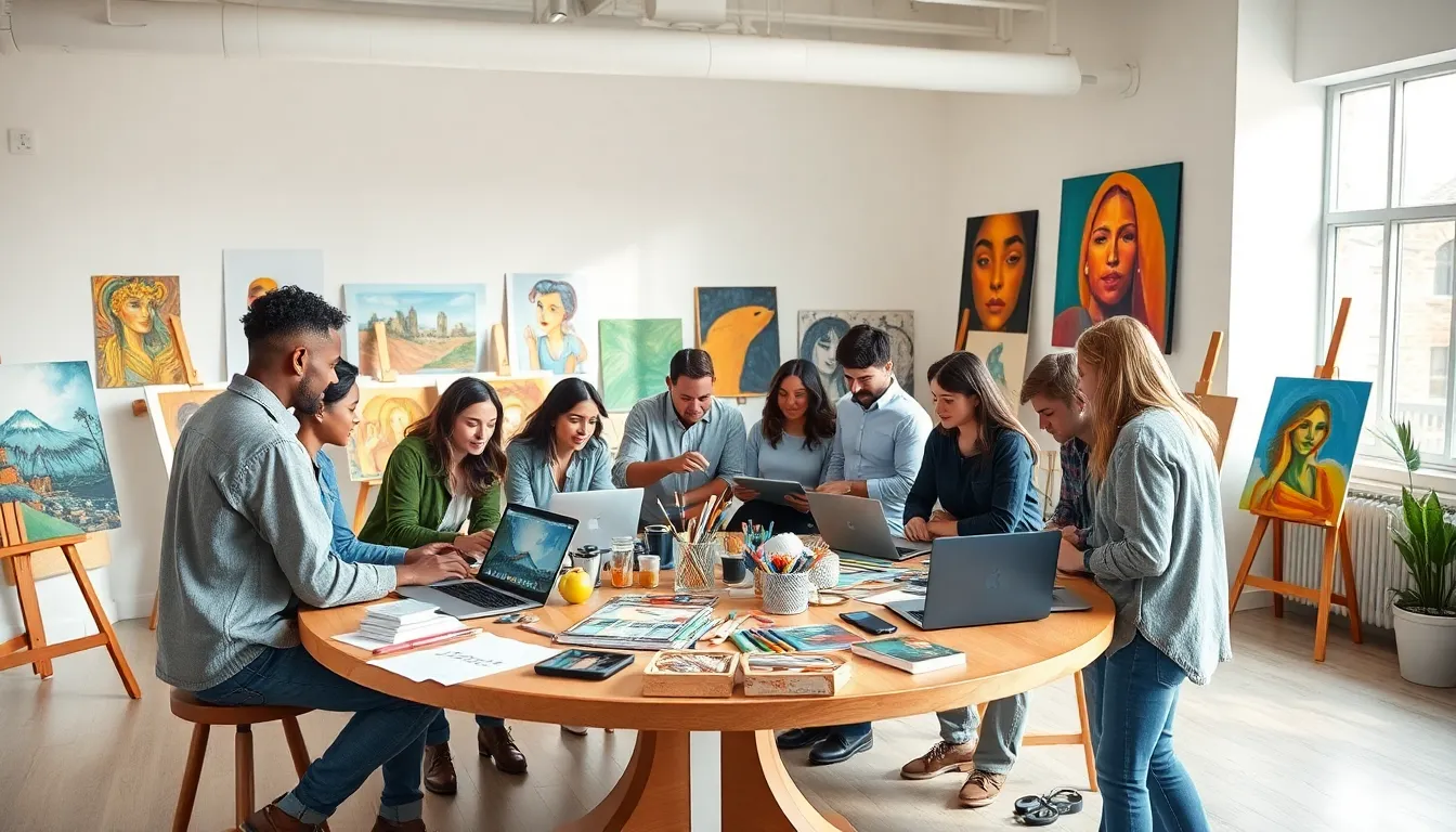 diverse artists collaborating in a modern art studio.