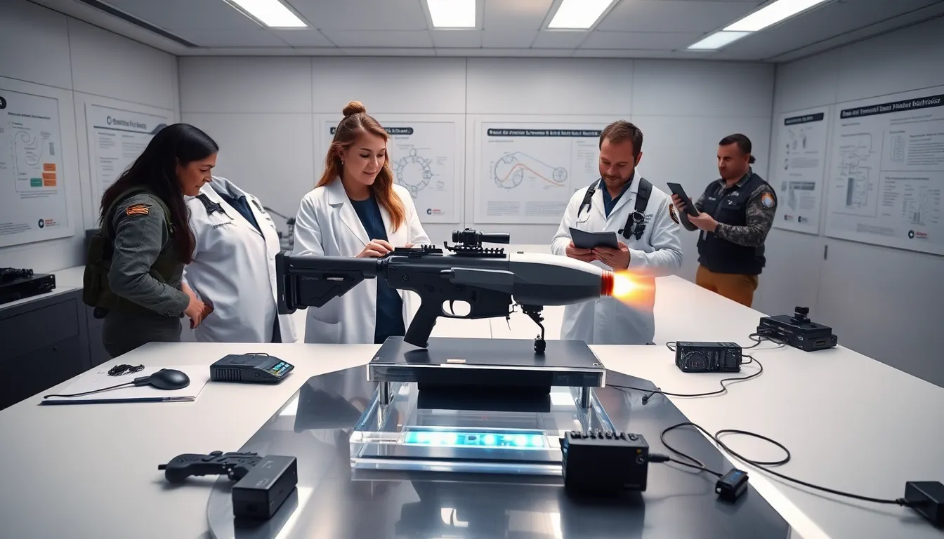 diverse team discussing an EMP gun for drone applications.