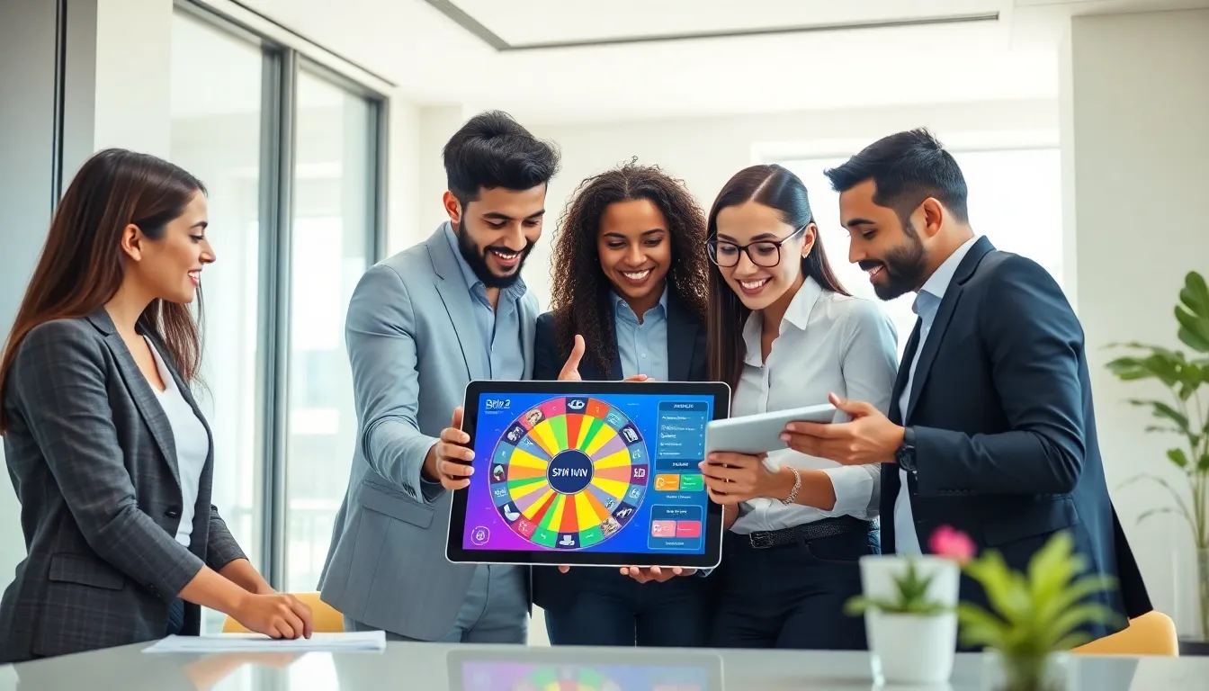 professionals collaborating over a digital tool in a modern office.