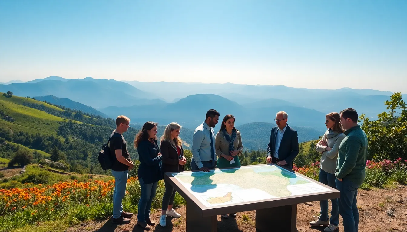 a diverse group of scholars discussing ecology in a beautiful landscape.