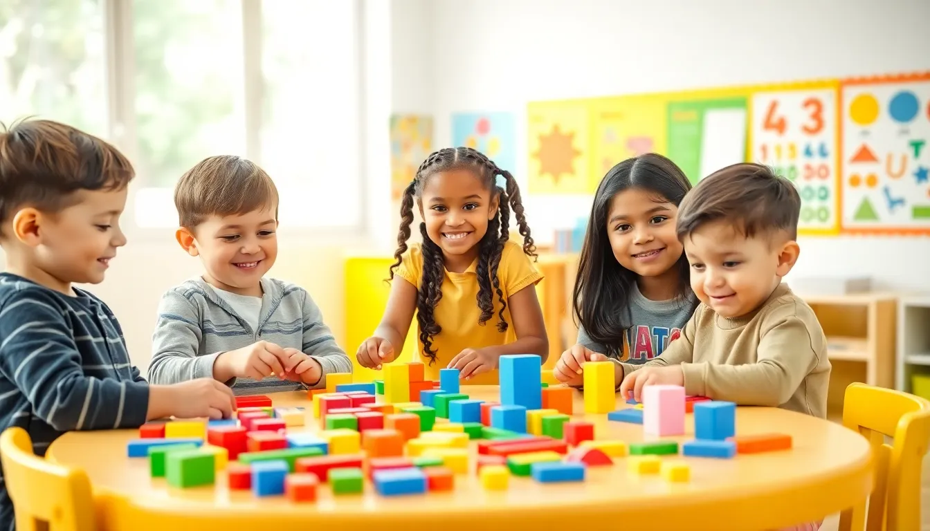 preschool children engaged in a math activity in a bright classroom.