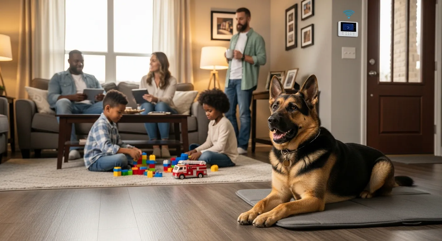 Calm German Shepherd on a mat while family with kids relaxes in living room.