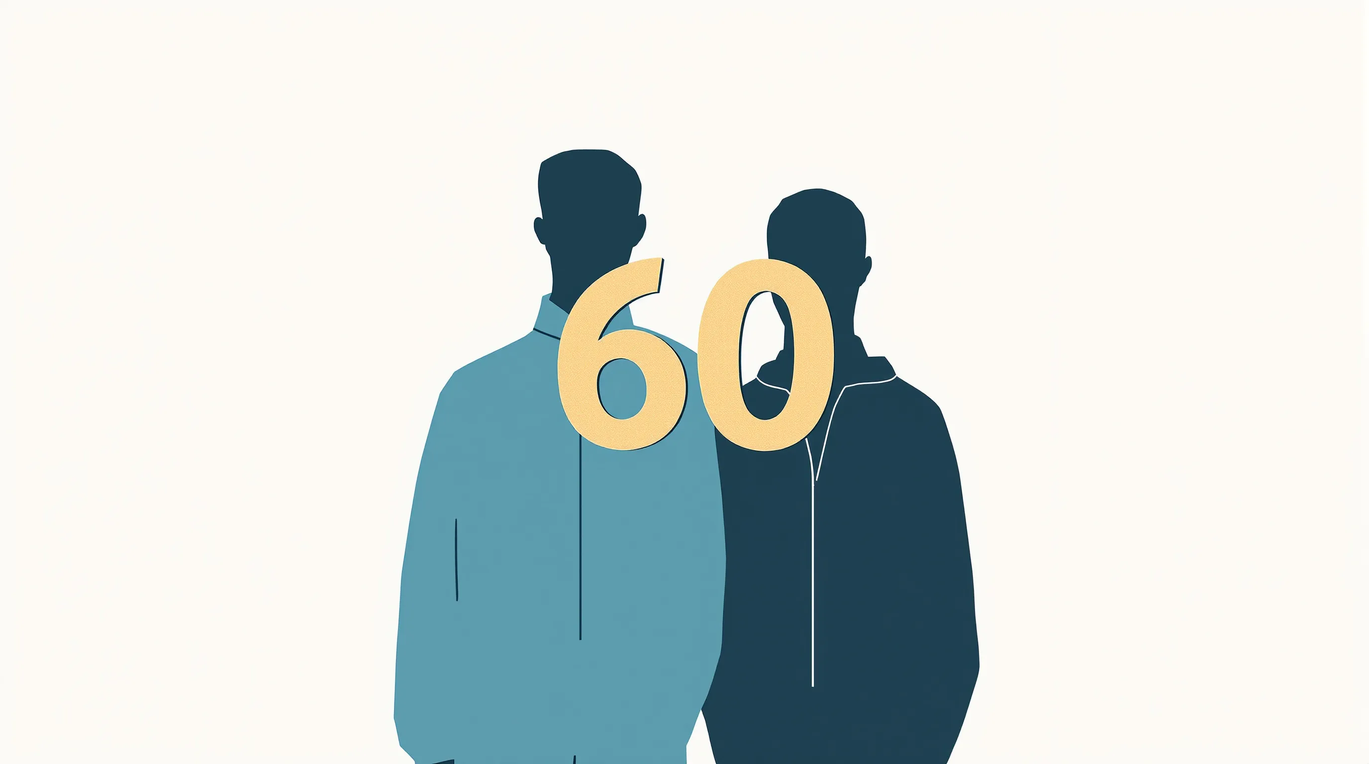 Two simplified male figures standing together with a large number 60 between them.