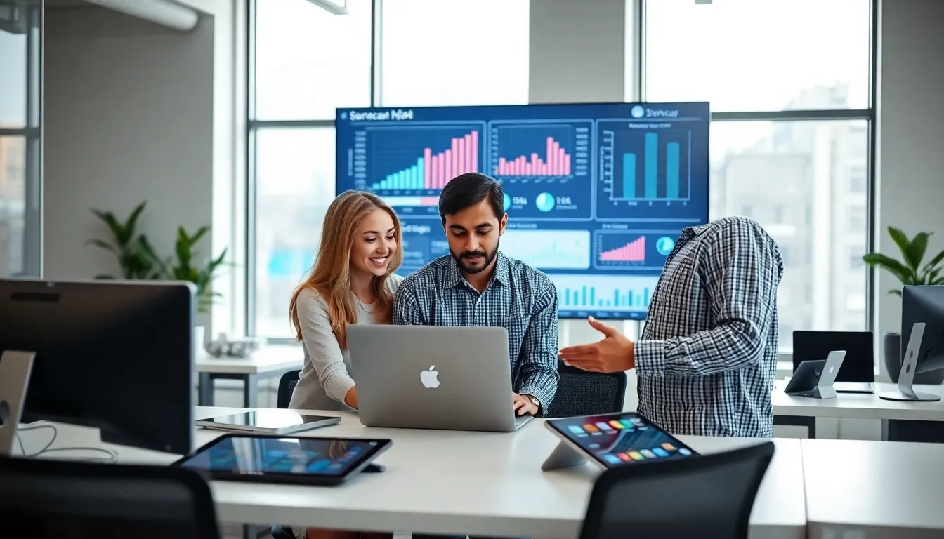 team testing Stonecap 3.0.34 software in a modern office.