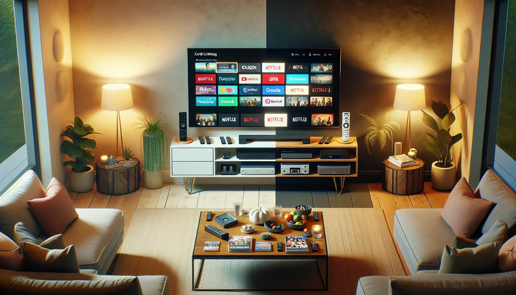 A living room showcasing setups for cord cutting and cord shaving.