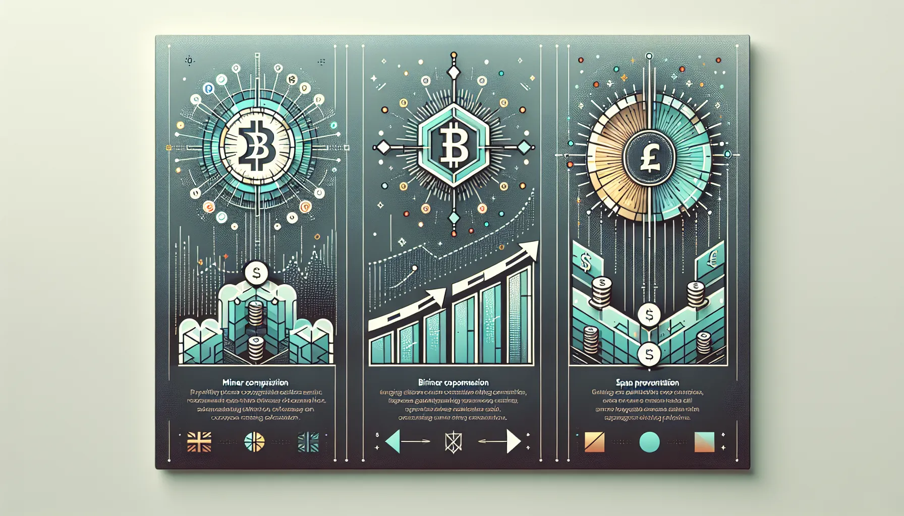 Three-panel infographic showing miner compensation, spam filtering, and dynamic fee pricing in cryptocurrency networks.