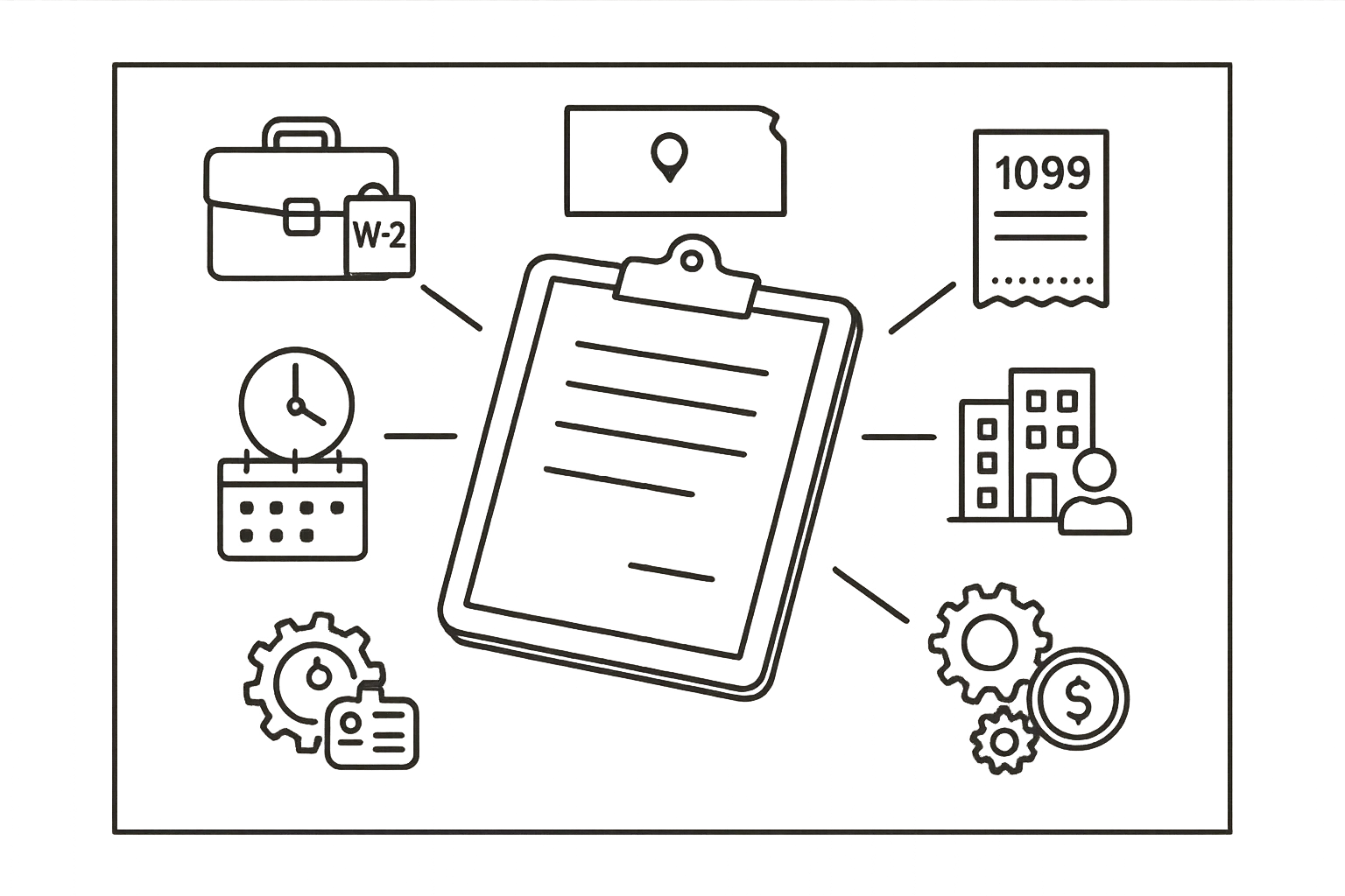Clipboard contract with icons for five PA agreement types and small Kansas outline.