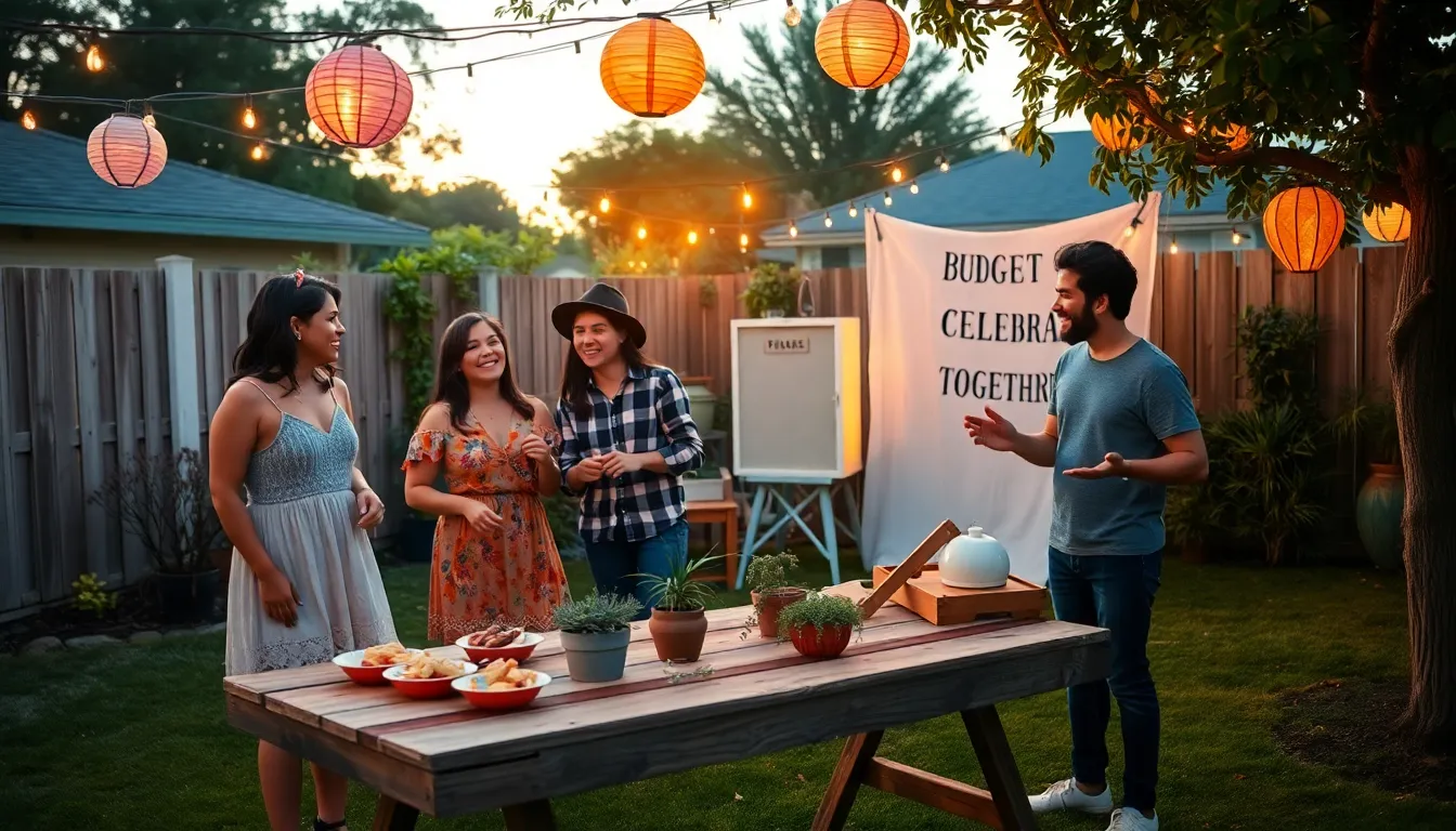 a backyard gathering with friends enjoying a thrifty event at sunset.