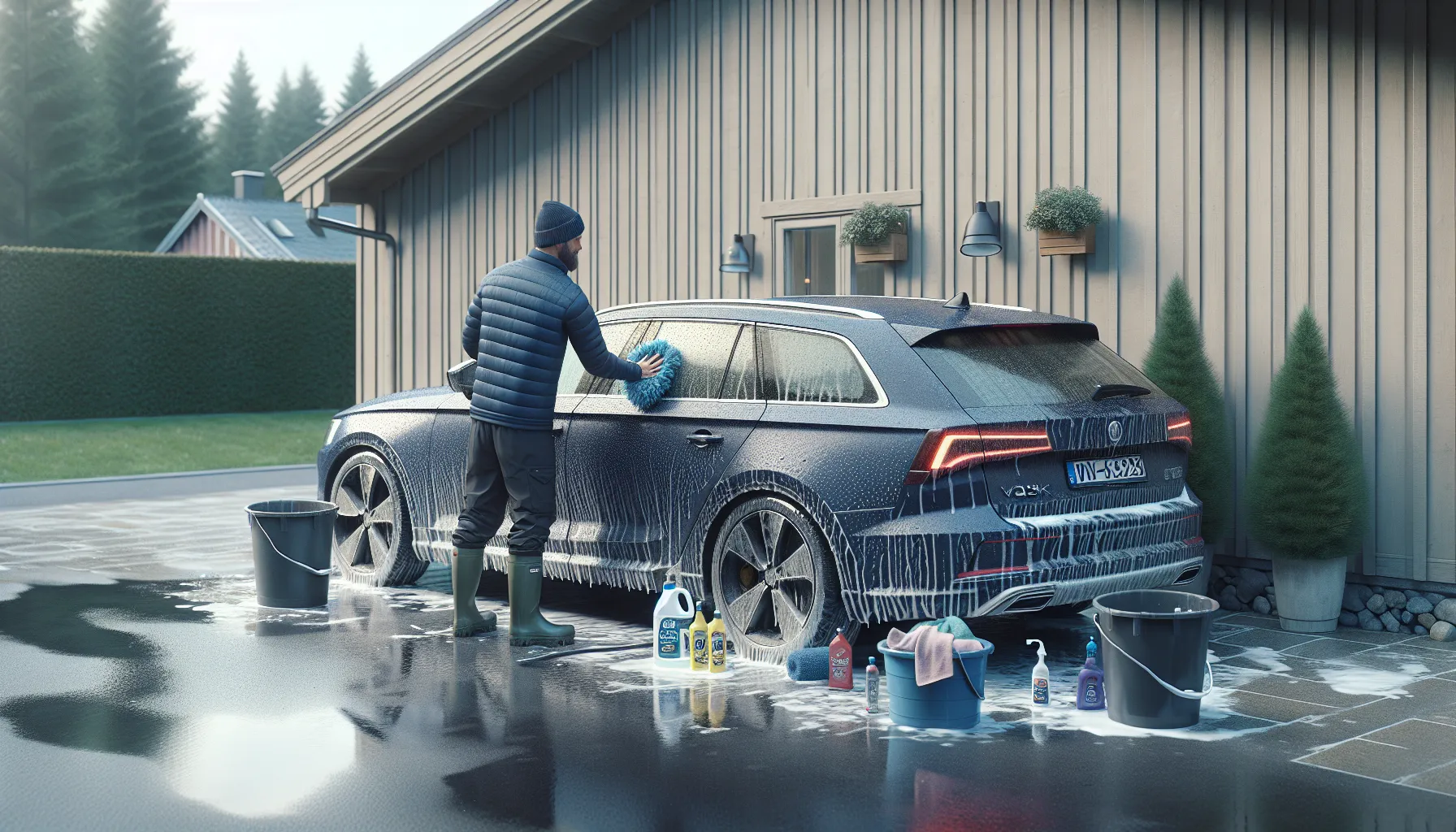 Norwegian man carefully hand-washing a salt-covered car using proper tools.