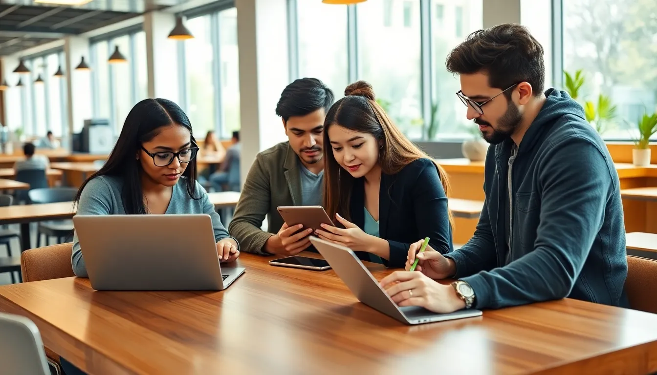 diverse college students collaborating in a café using productivity apps.