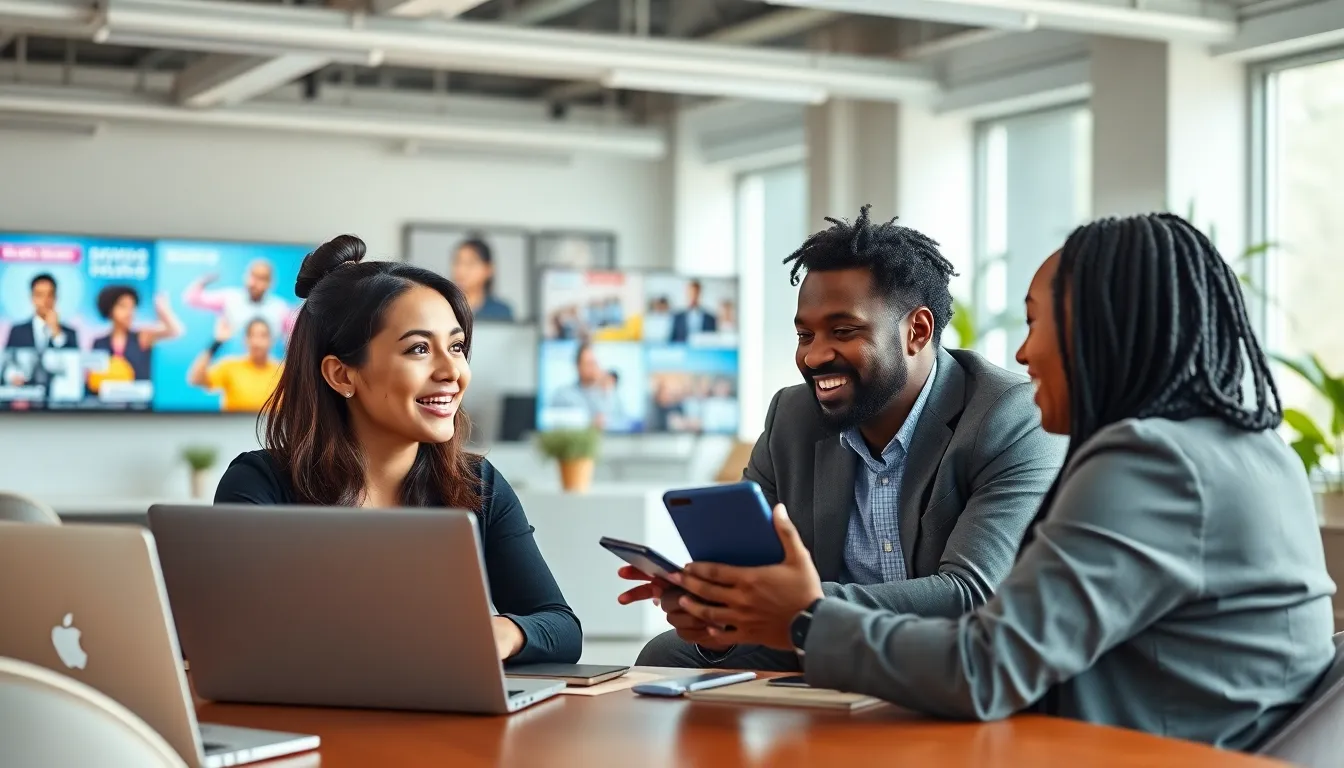 diverse professionals discussing in a modern office setting.