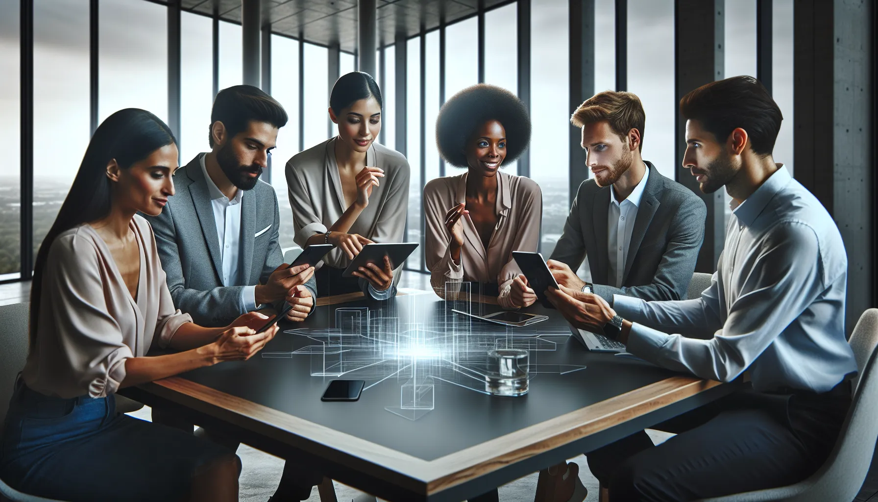 diverse team discussing communication technology in a modern office.