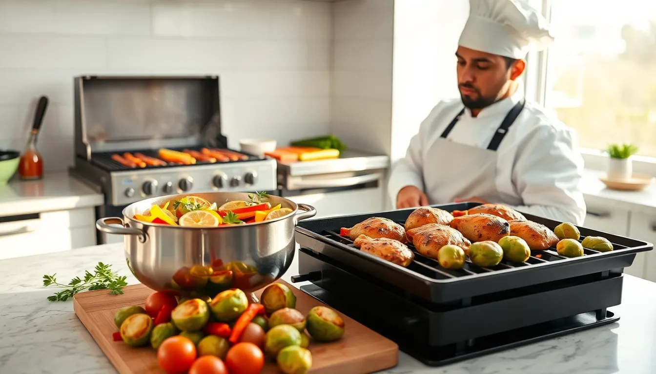 chef demonstrating healthy cooking techniques in a modern kitchen.