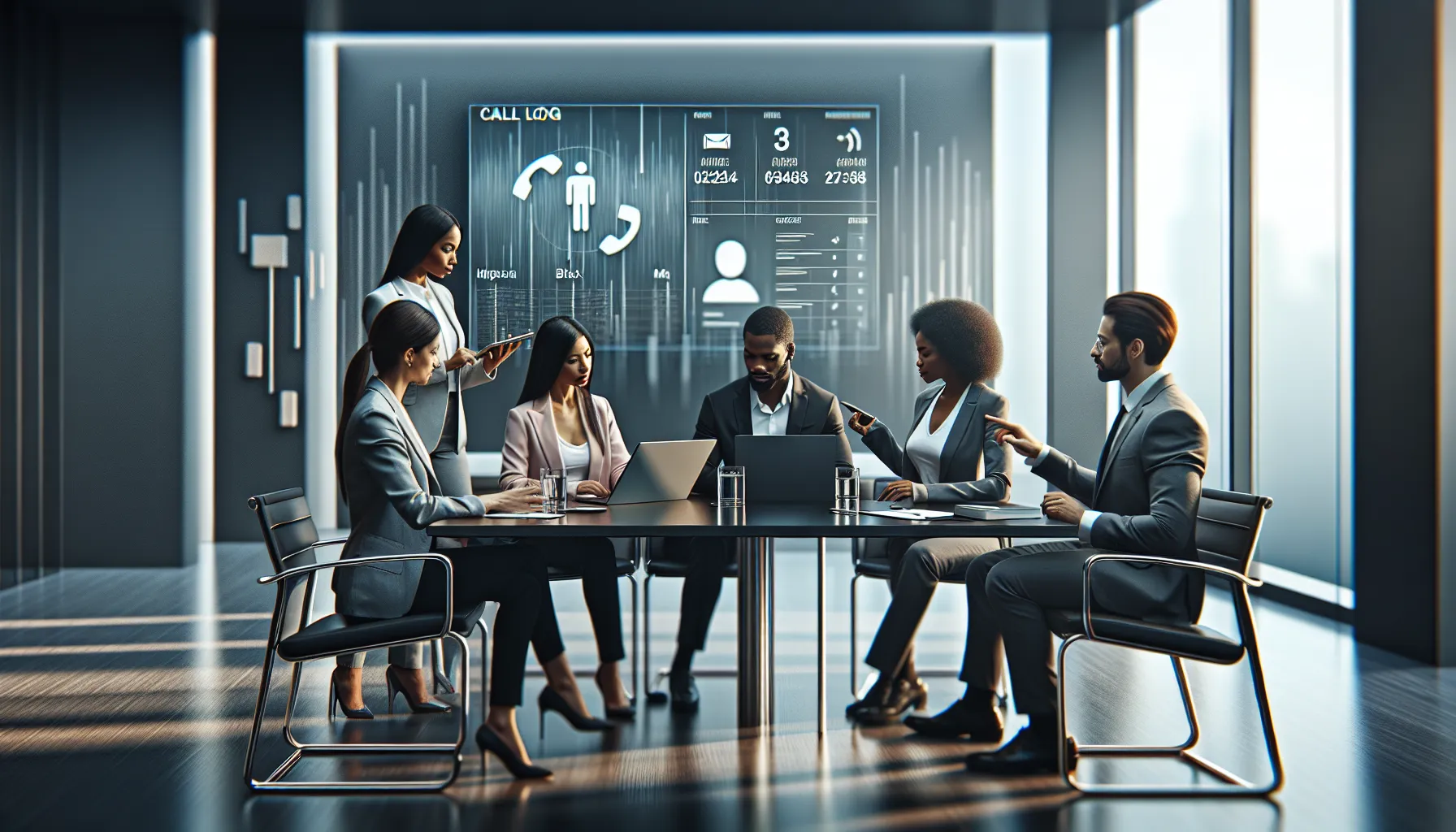 professionals discussing phone call trends in a modern office setting.
