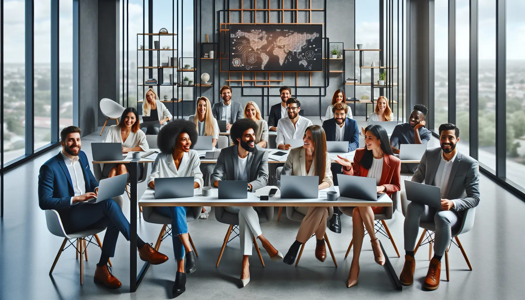 diverse professionals in a virtual meeting discussing future developments.