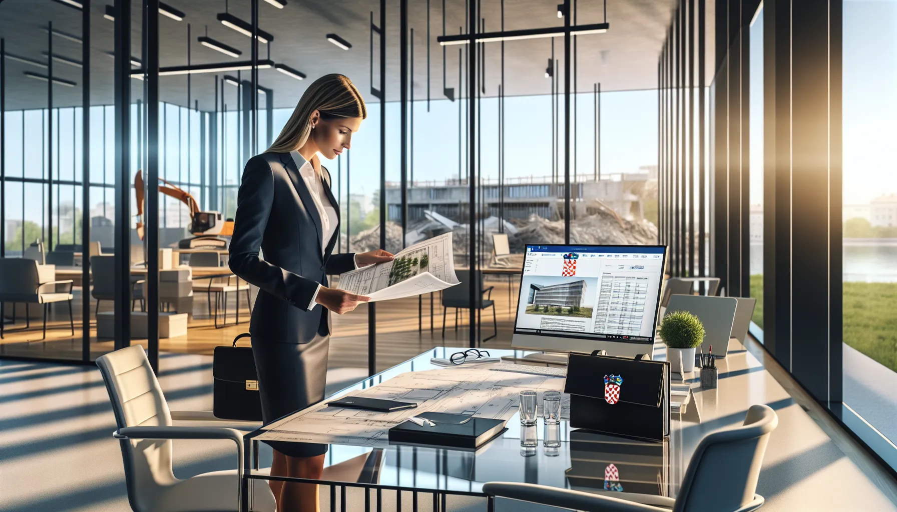 Croatian construction professional reviewing demolition permit documents in modern office