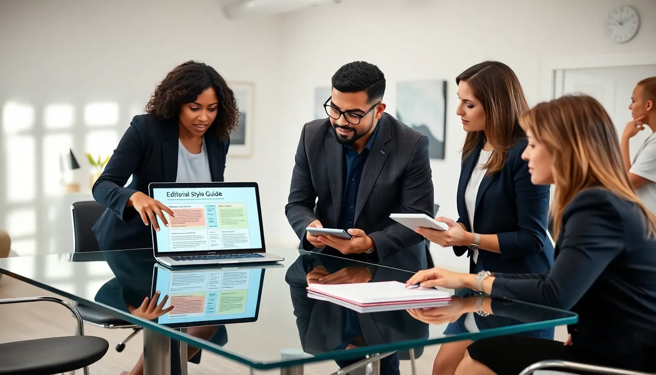 diverse professionals discussing editorial style in a modern office.
