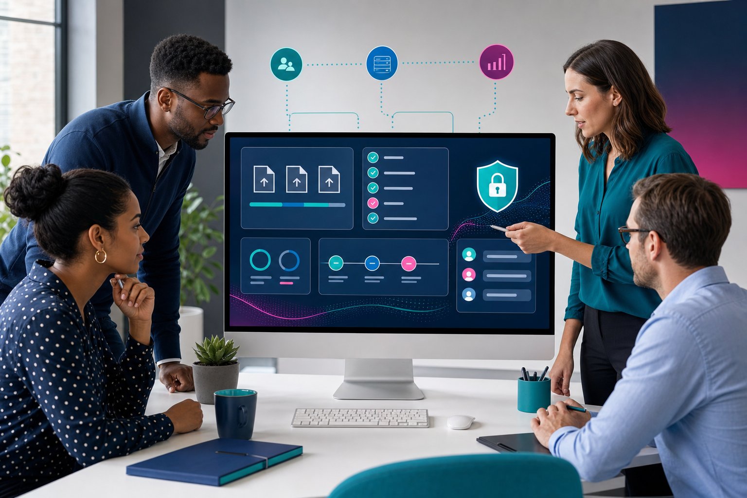 professionals reviewing a secure client portal dashboard in a modern office.