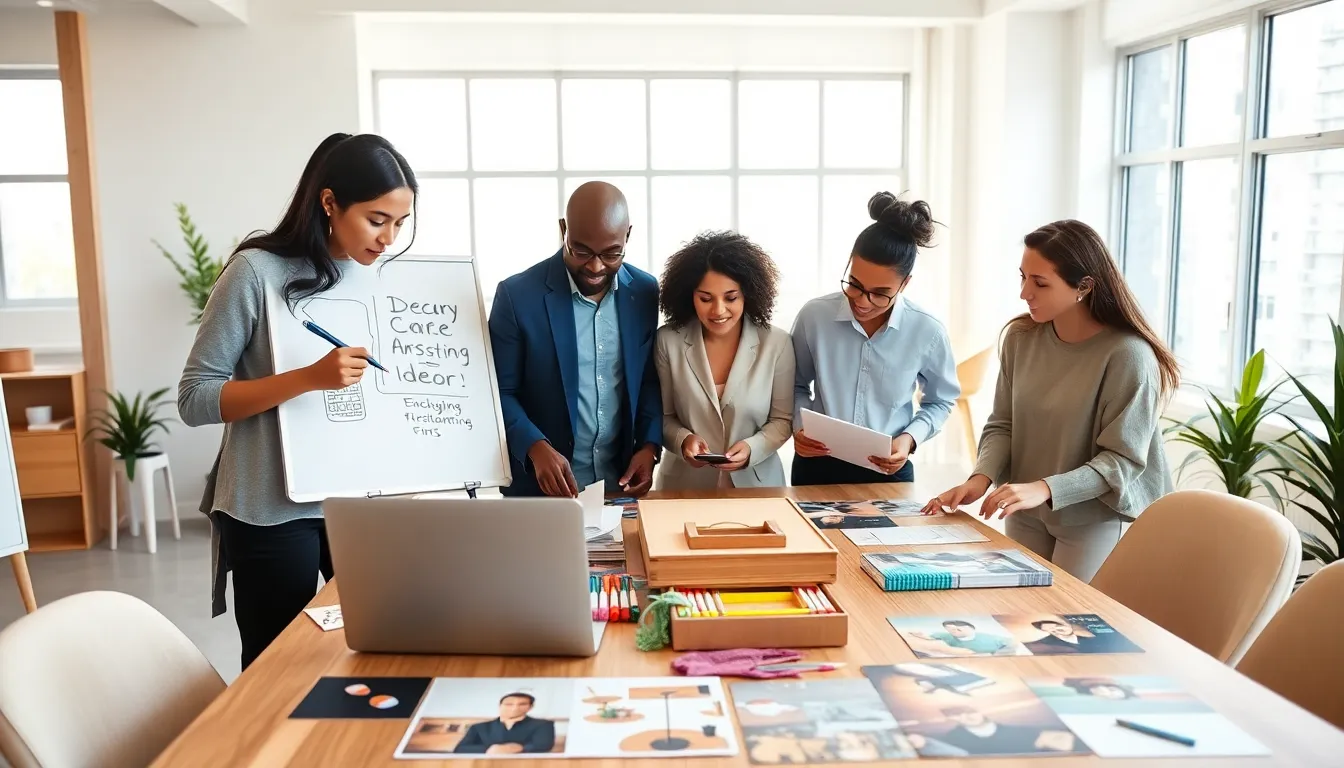 professionals collaborating on budget-friendly event planning in a modern office.