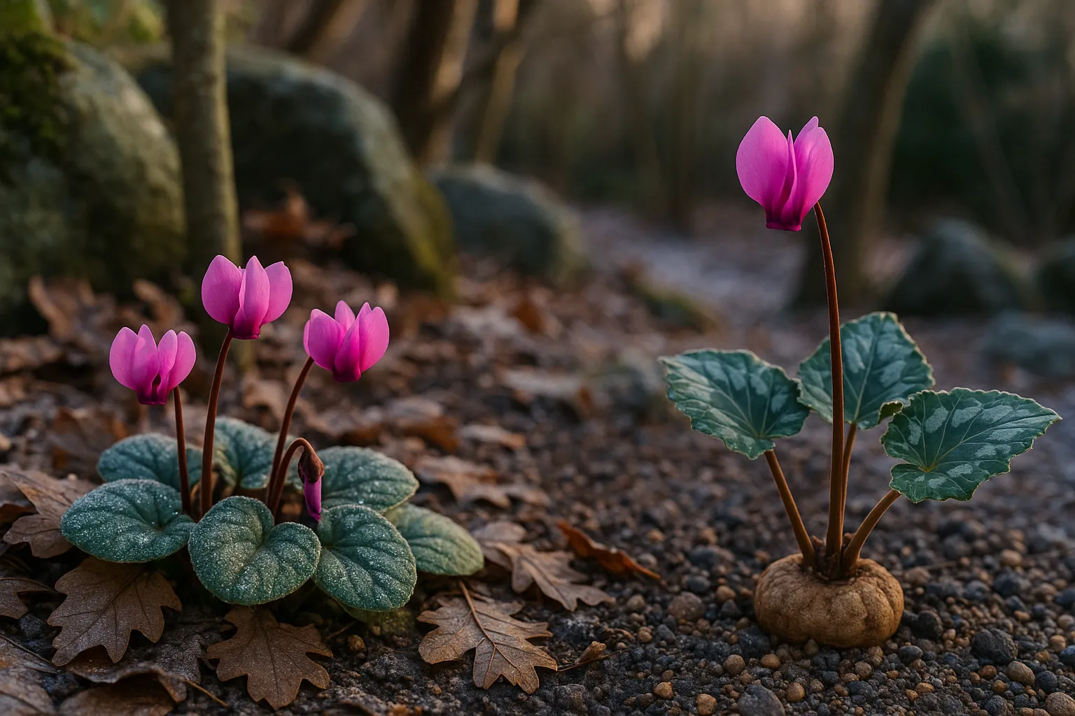 Two cyclamen plants side-by-side showing contrasting leaves and flowers.