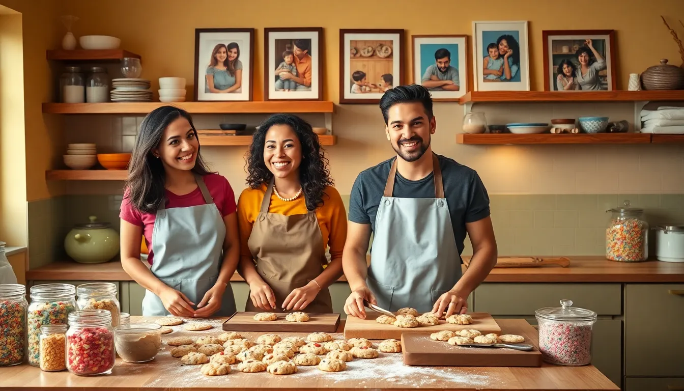 diverse bakers creating cookies in a cozy kitchen.