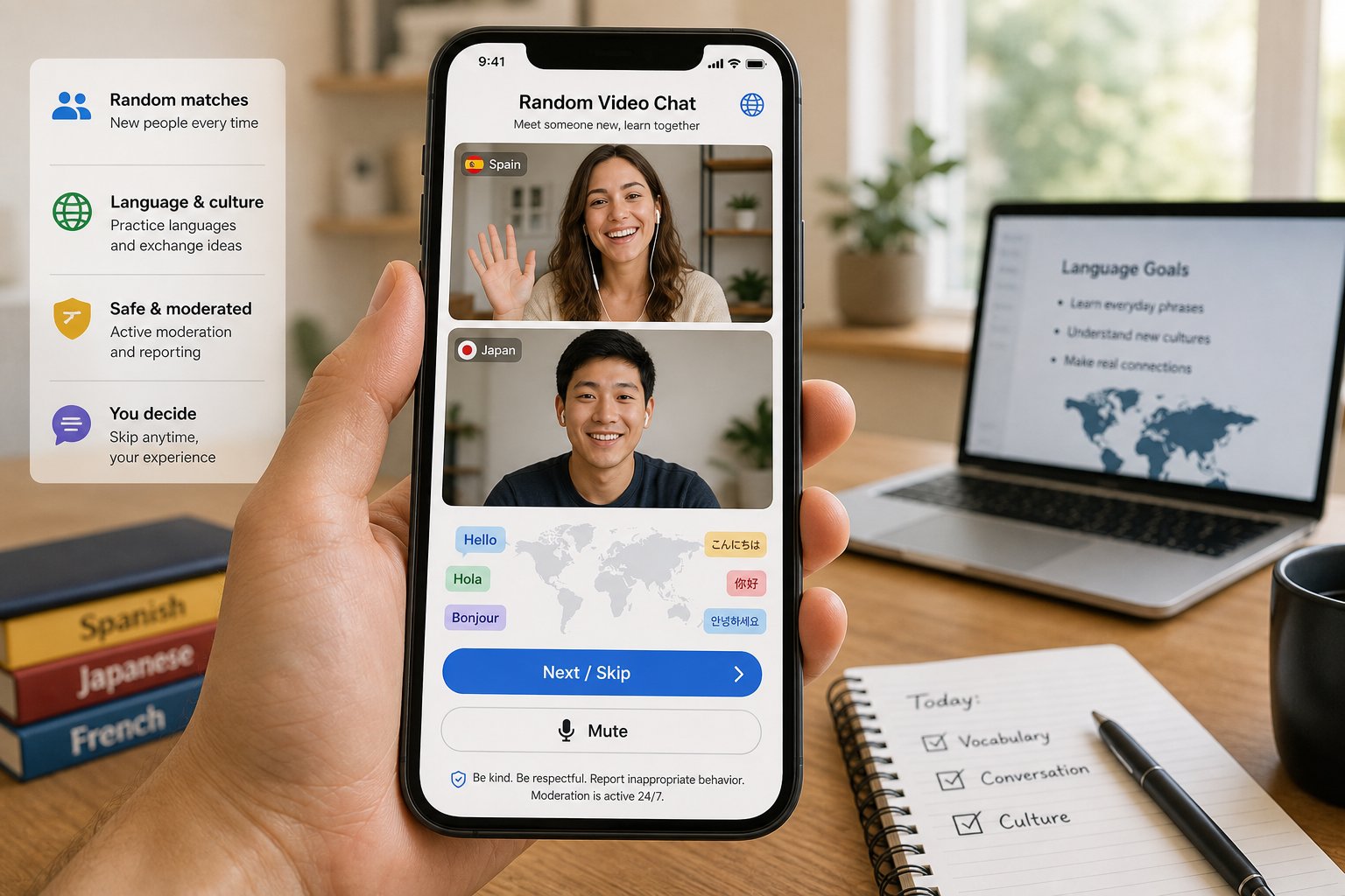 Smartphone showing random video chat app interface in a modern home office.