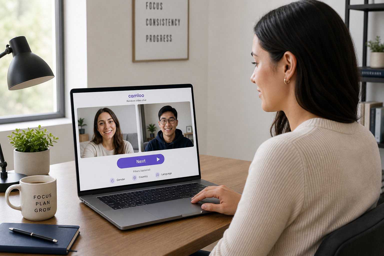 Professional using laptop for random video chat with a visible Next button.