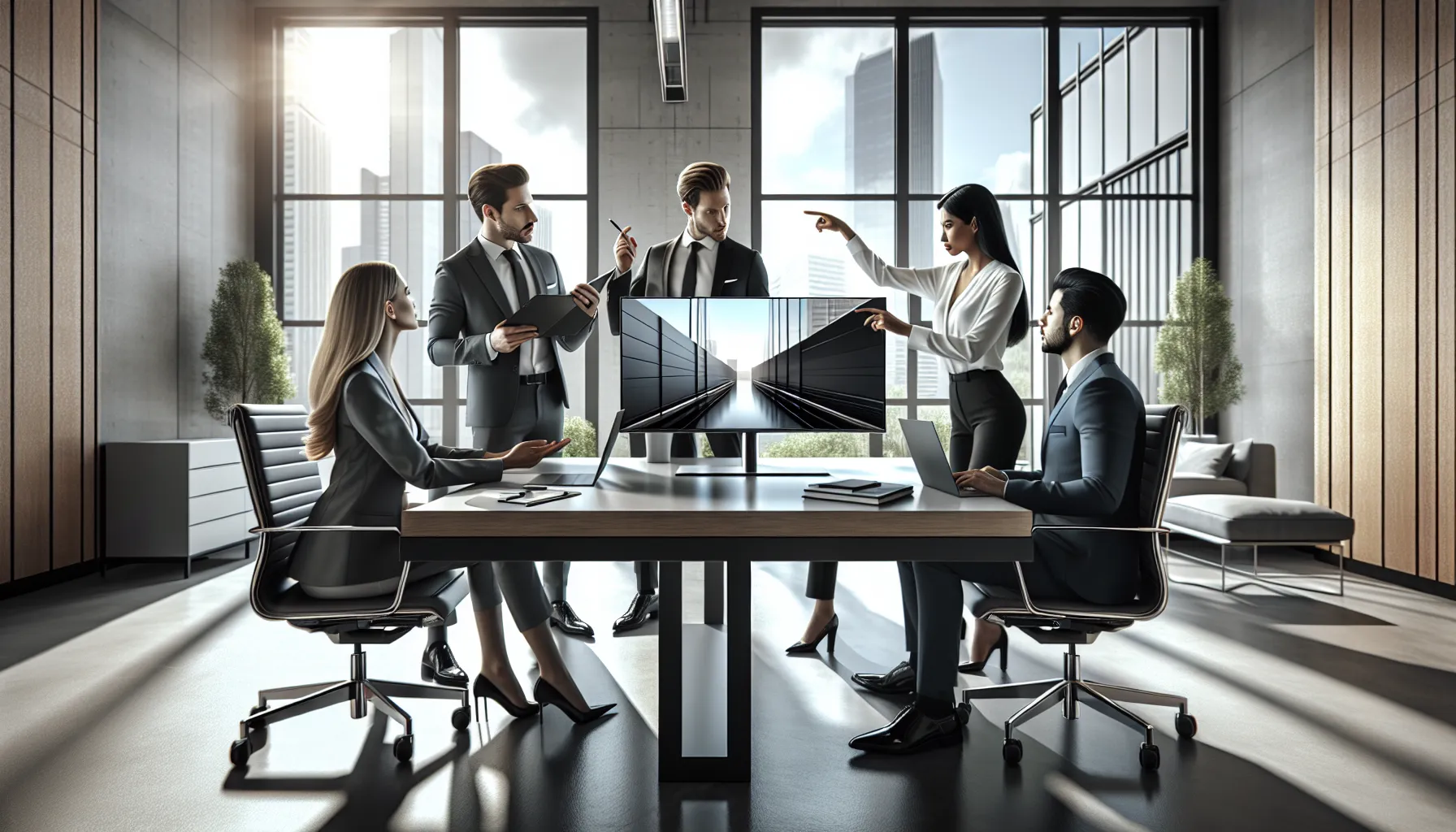 team discussing FHD and IPS display options in a modern office.