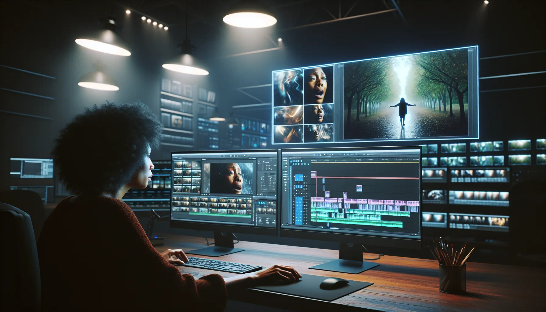 A film editor working, illustrating the distinction between a frame and a scene.