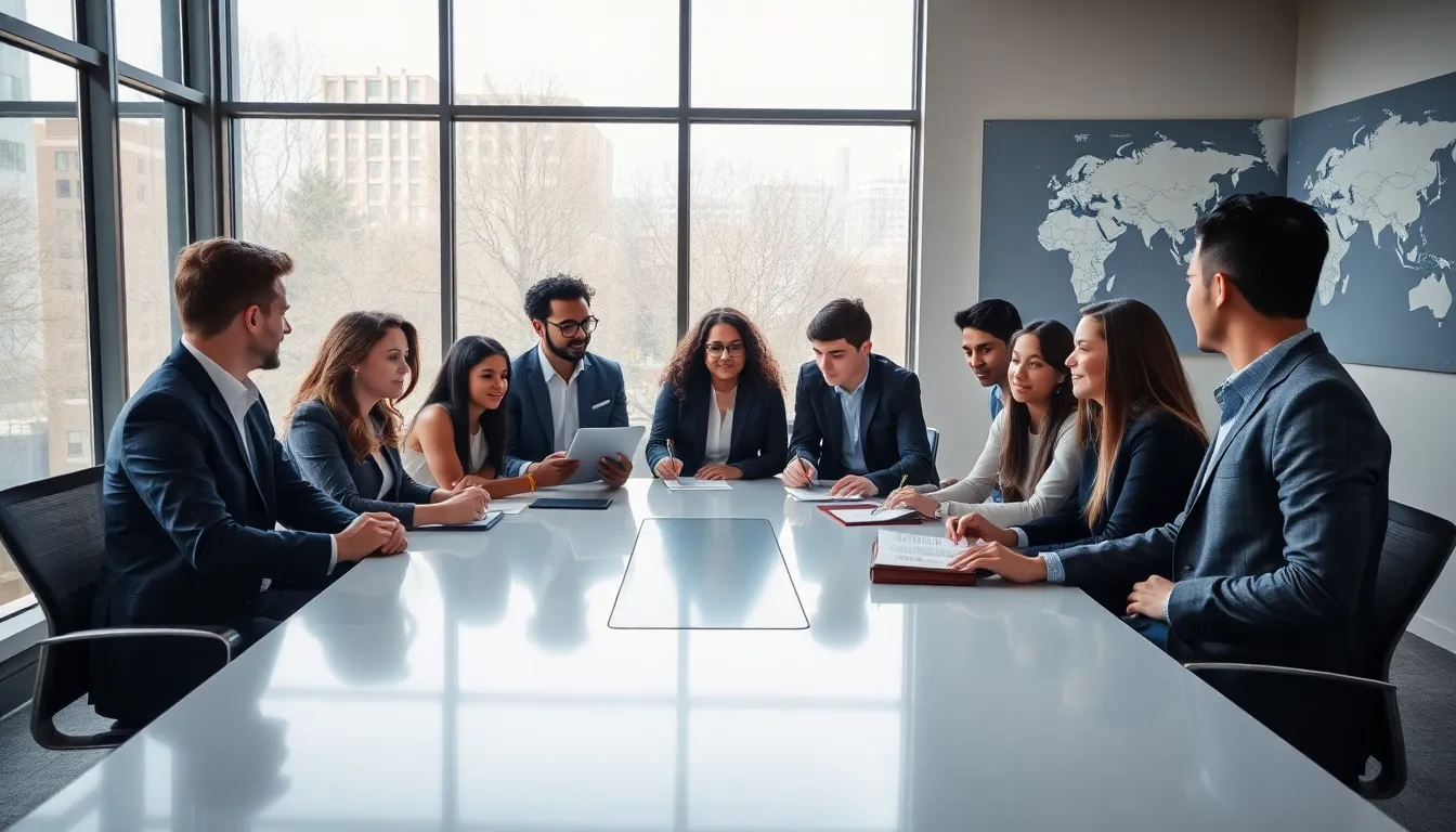 diverse students collaborating in a modern workspace focused on global affairs.