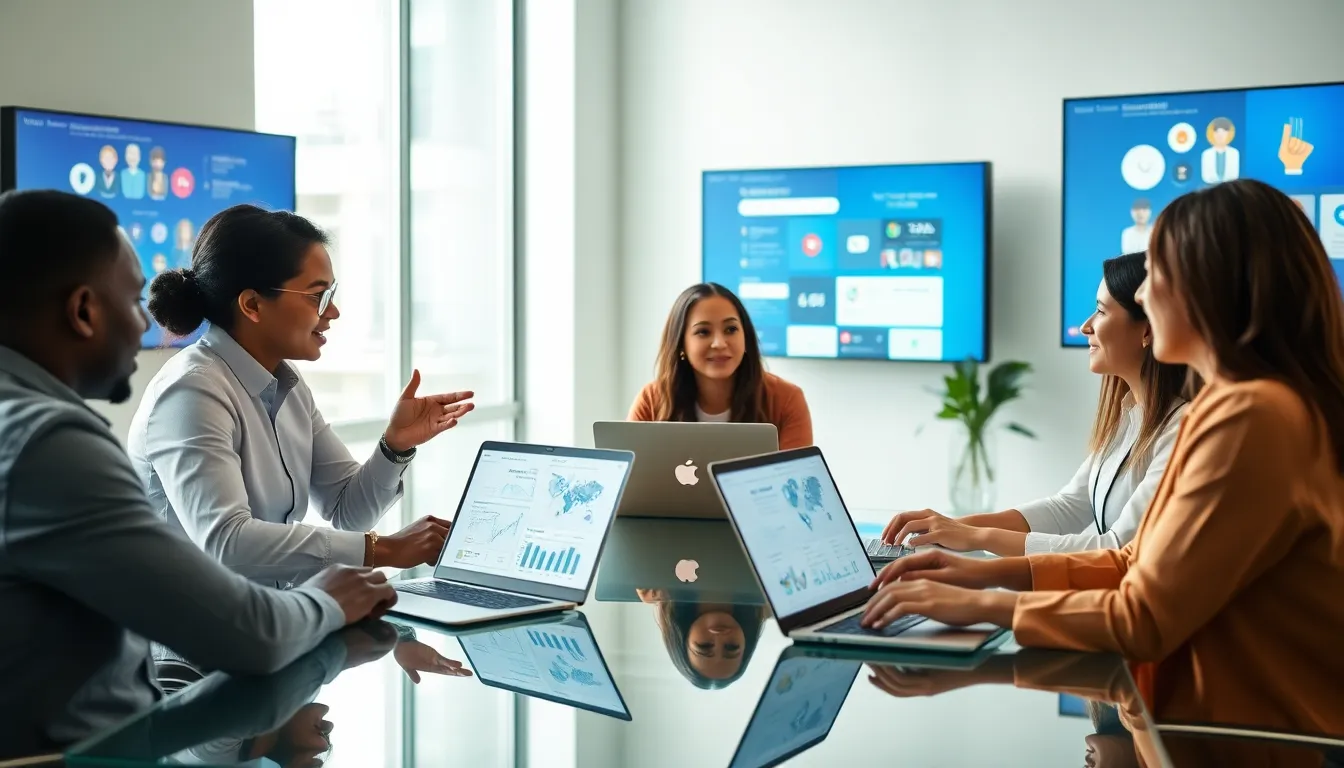 team collaborating on digital marketing insights in a modern office.