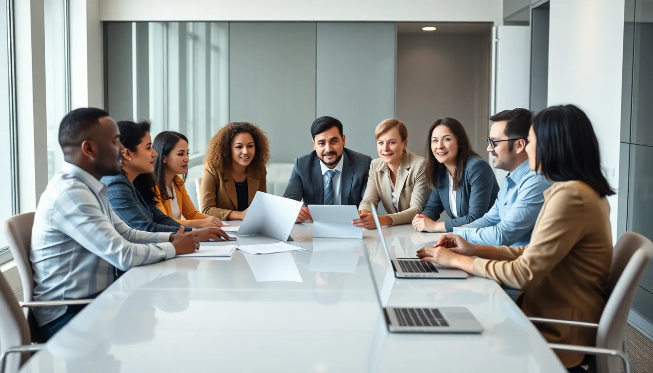 diverse team discussing SSDI applications in a modern office.