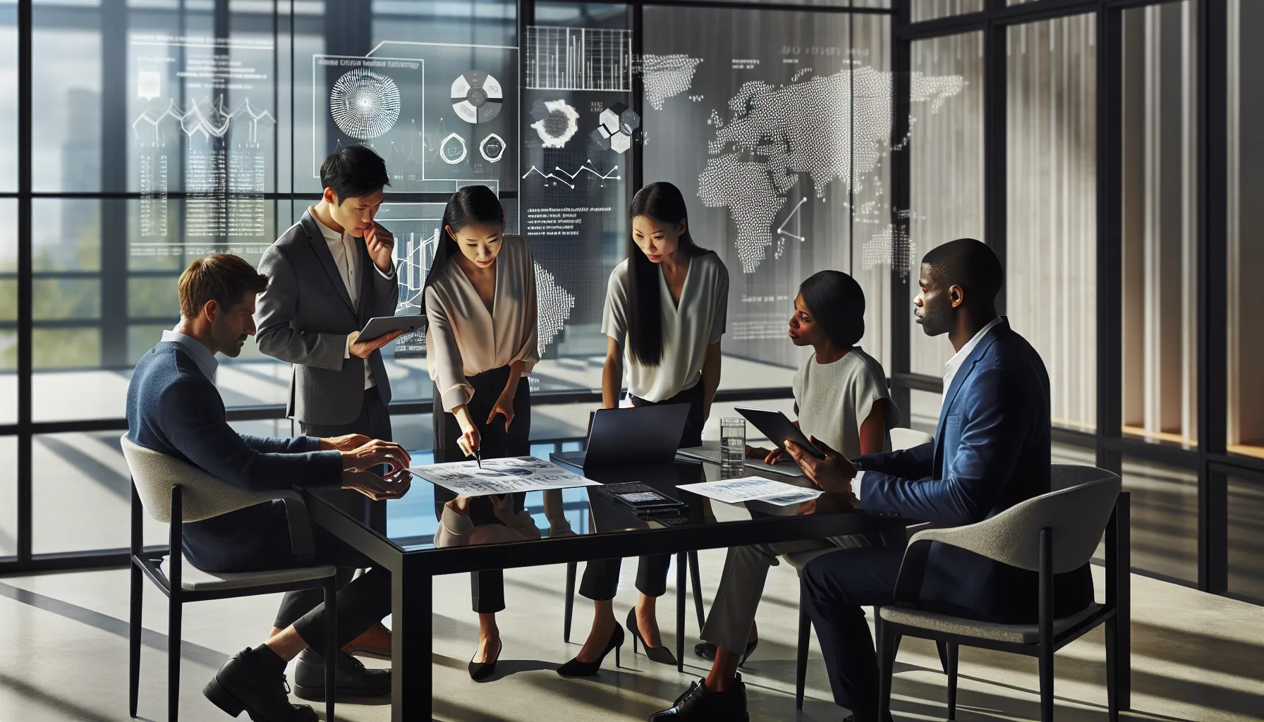 diverse team analyzing data in a modern office.