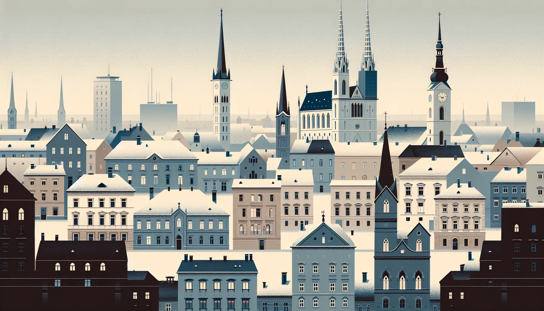 Zagreb's historic skyline in winter with simple architectural forms in pastel colors