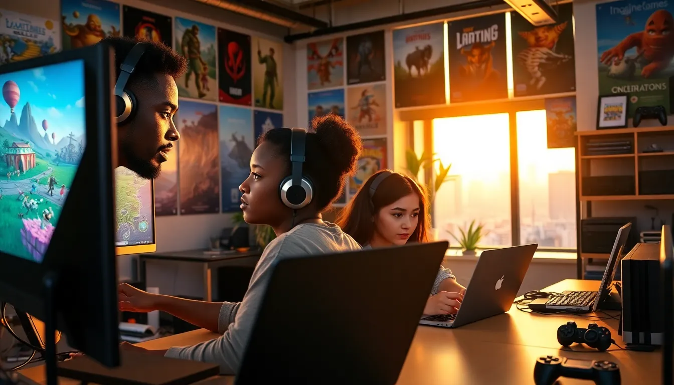 a diverse team of developers collaborating in a creative game design office.