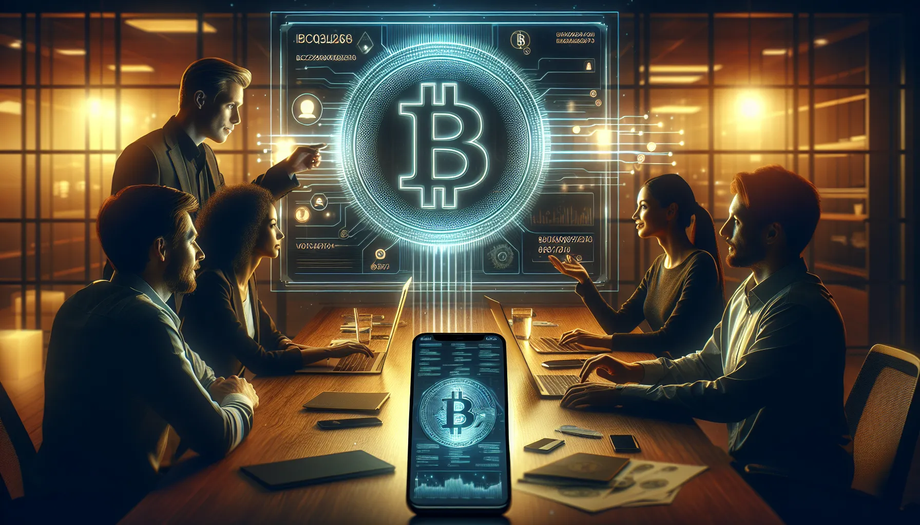 team discussing Bitcoin transactions in a modern office.