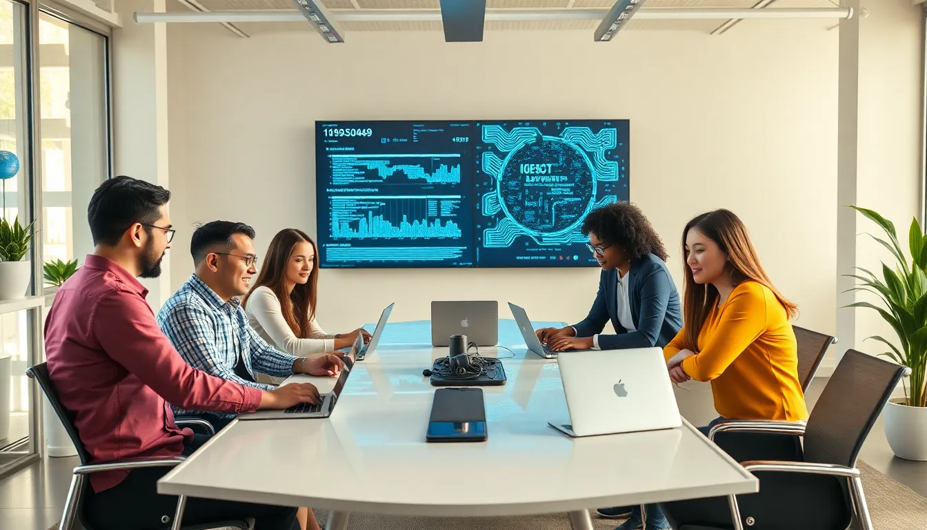 Professionals discussing technology and data analysis in a modern office.