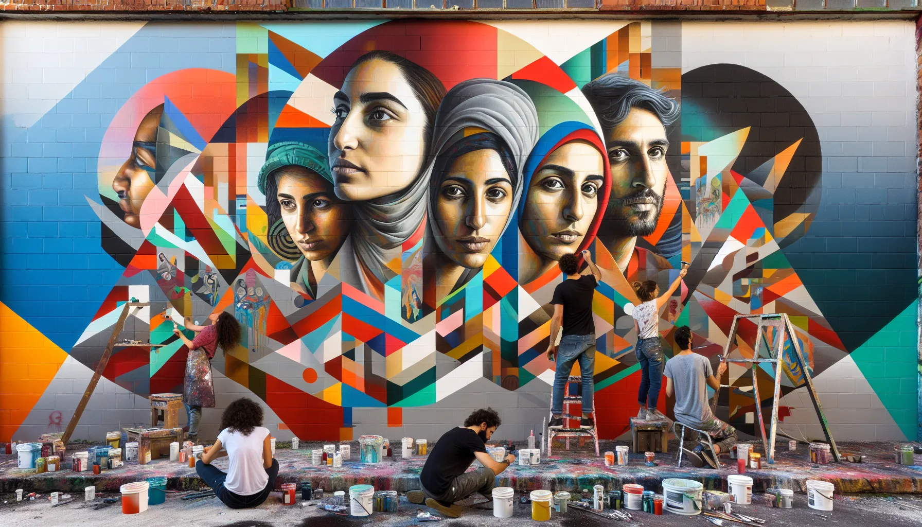 diverse artists collaborating on a vibrant mural in an urban setting.