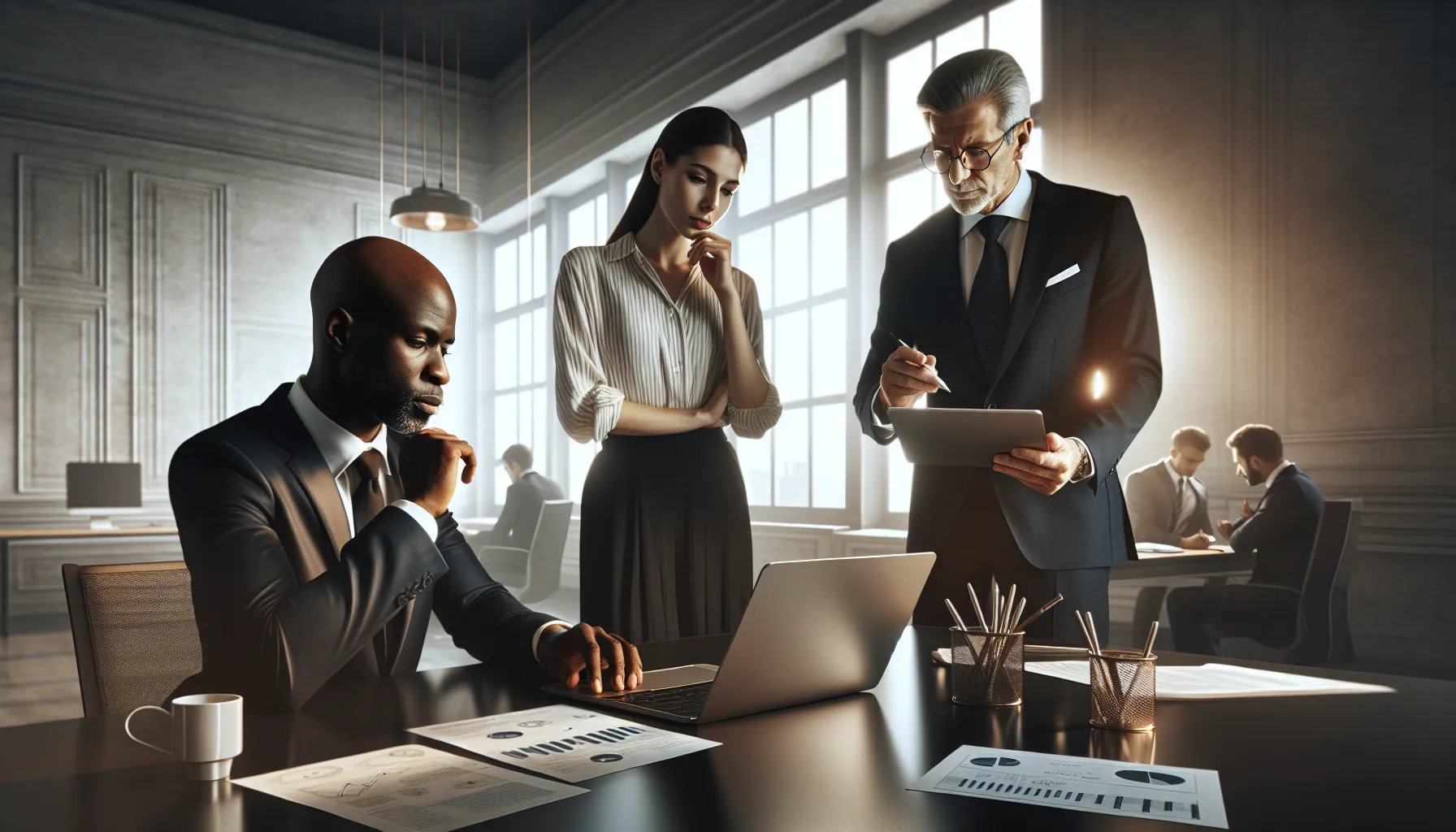 professionals discussing money transfer challenges in a modern office.