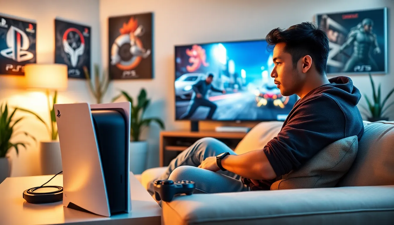 a young gamer playing on a PlayStation 5 in a stylish living room.