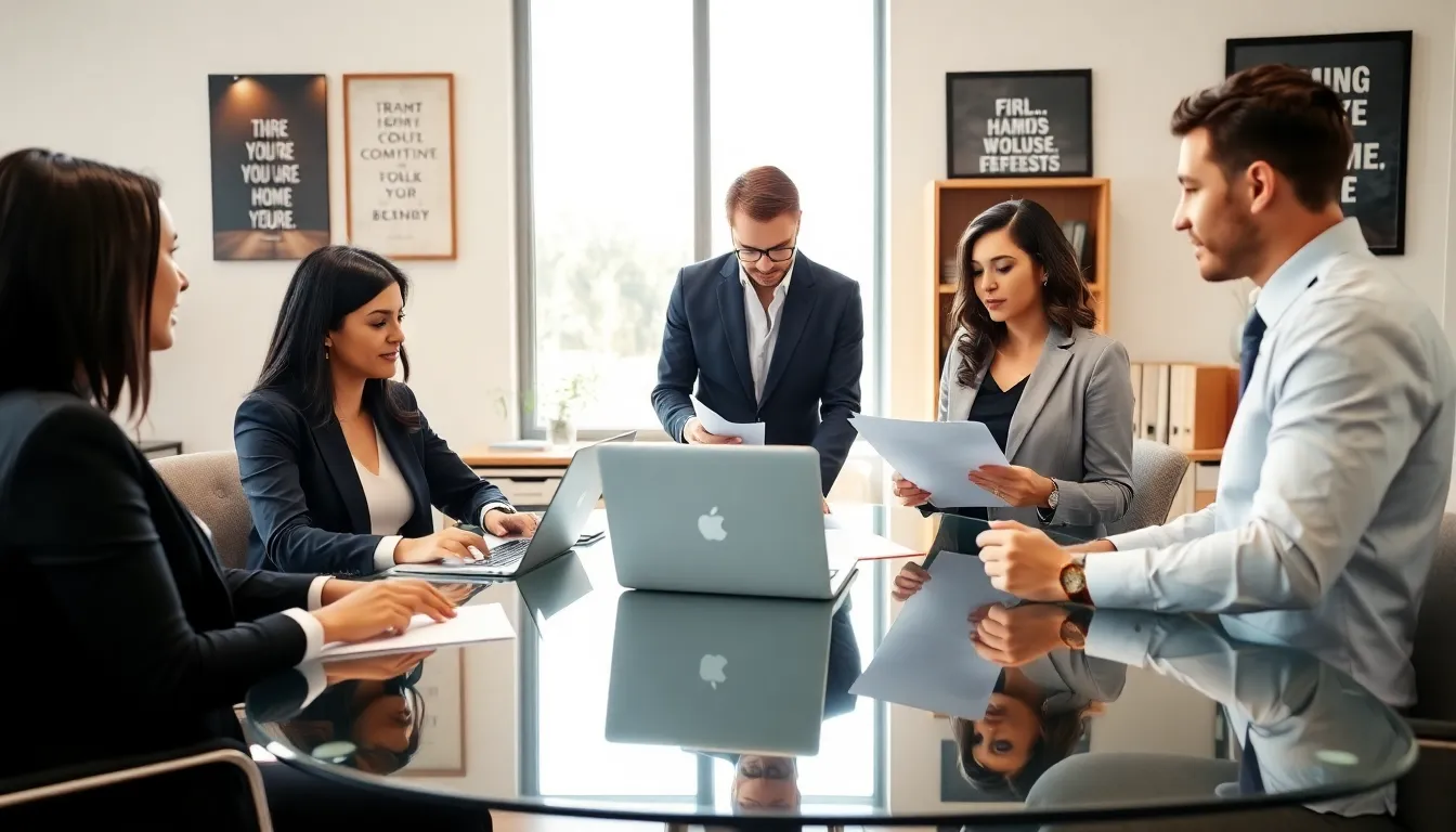 real estate agents collaborating in a modern office setting.