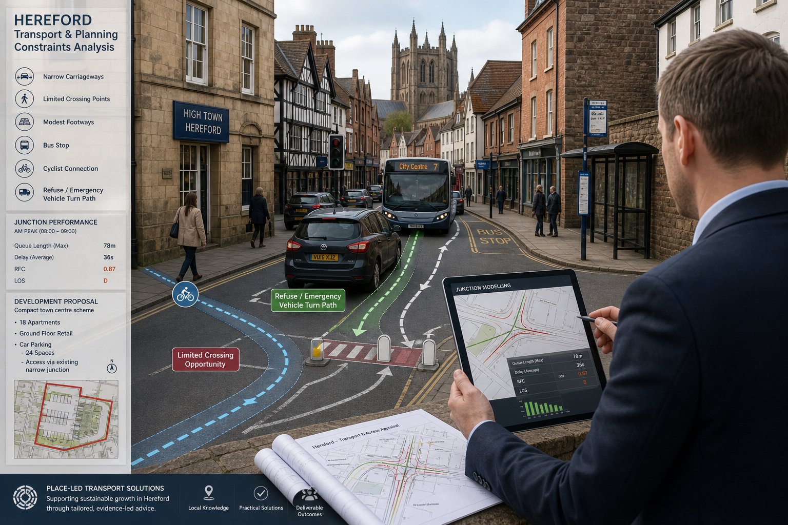 Traffic engineer reviewing road constraints in a historic Hereford street.