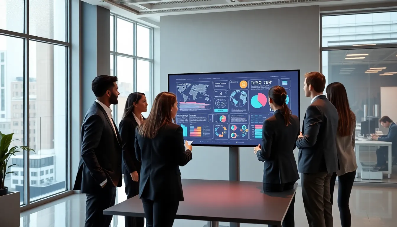 diverse professionals collaborating on a digital display in a modern office.