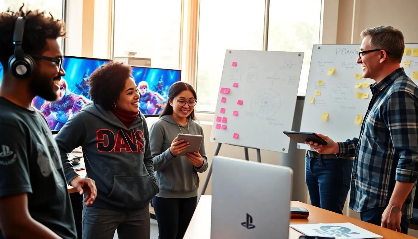 a diverse team working together in a modern gaming studio.