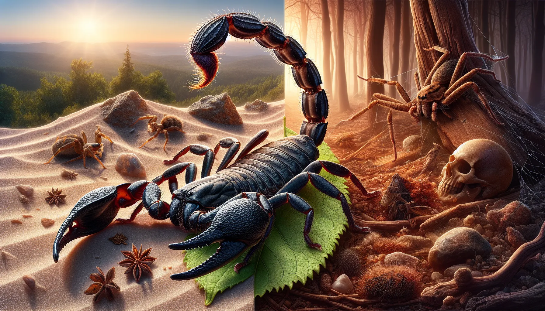 A scorpion and a spider shown with contrasting natural environments for comparison.