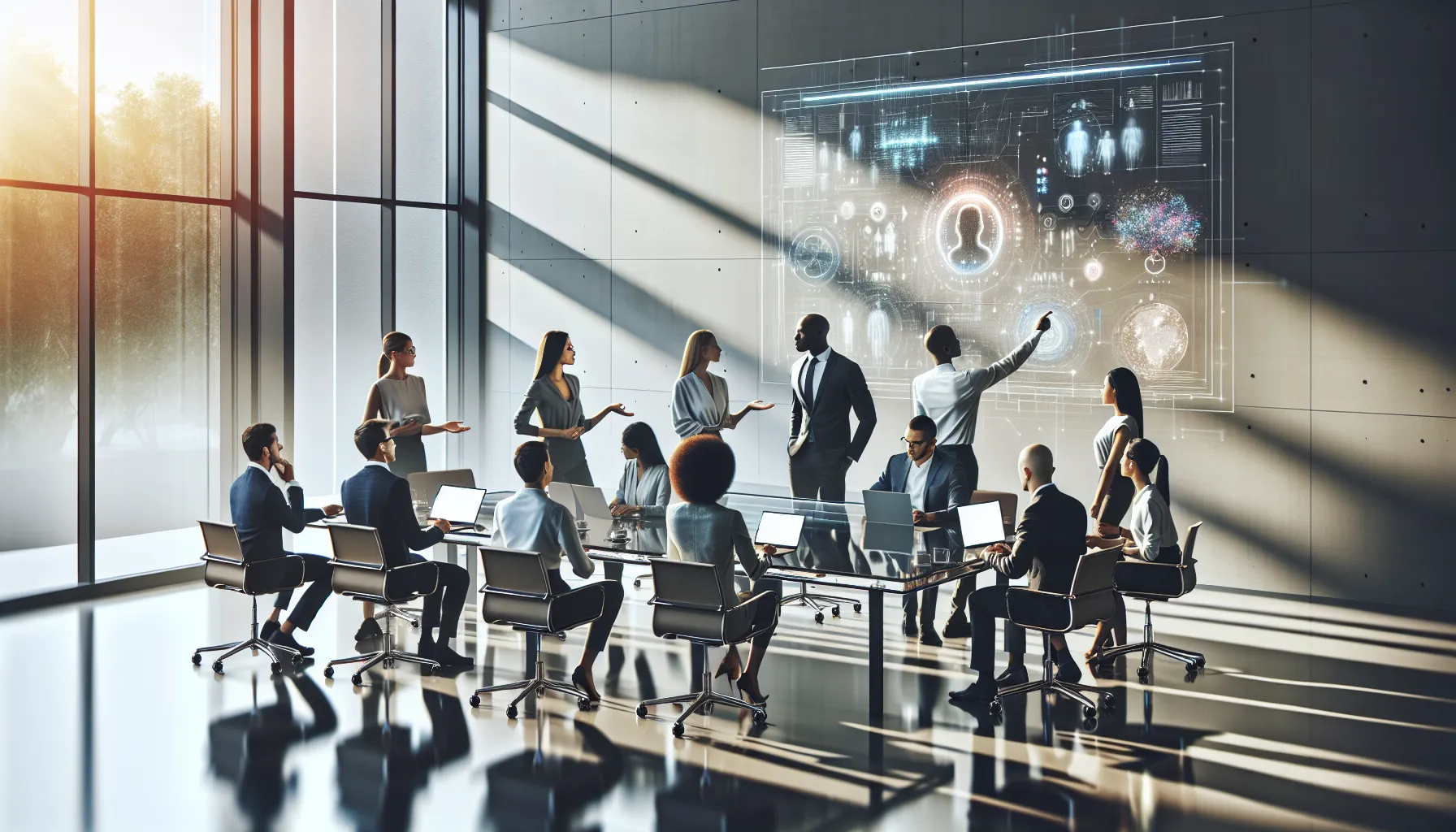 diverse team brainstorming in a modern office about future technology.