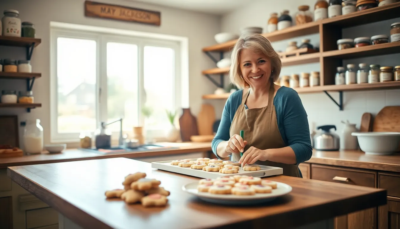 Mary Jackson decorating cookies in a cozy kitchen setting.