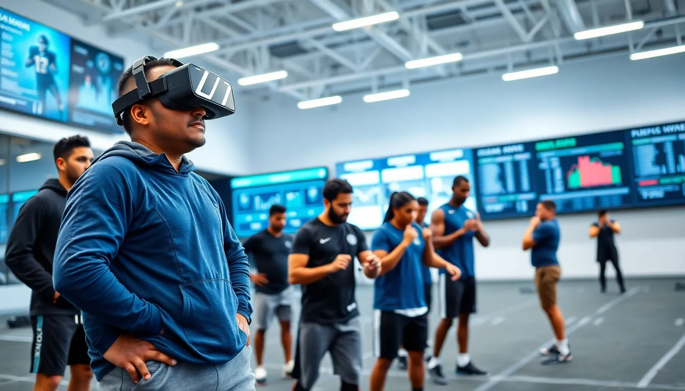 a coach supervising athletes training with virtual reality and wearable tech.